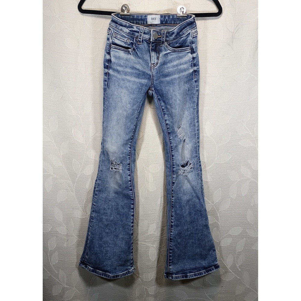 BKE Youth Girls Flare Jeans Medium Acid Wash Distressed Adjustable Waist 10R
